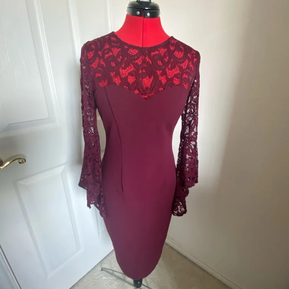 Rebecca B Lace Bell Sleeve Cocktail Dress, Size 6, Merlot colored. - Picture 2 of 7